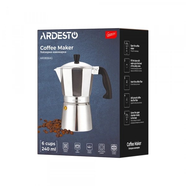 Гейзерна кавоварка Ardesto Gemini Cremona, 0.24л, 6 чашок, алюміній (AR0806AG) фото 10