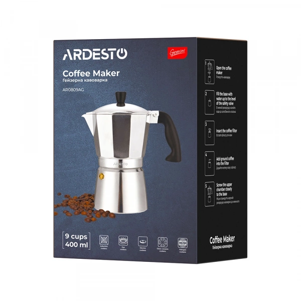 Гейзерна кавоварка Ardesto Gemini Cremona, 0.4л, 9 чашок, алюміній (AR0809AG) фото 10
