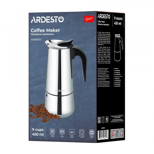 Гейзерна кавоварка Ardesto Gemini Apulia, 0.45л, 9 чашок, нержавіюча сталь (AR0809SS) фото 10