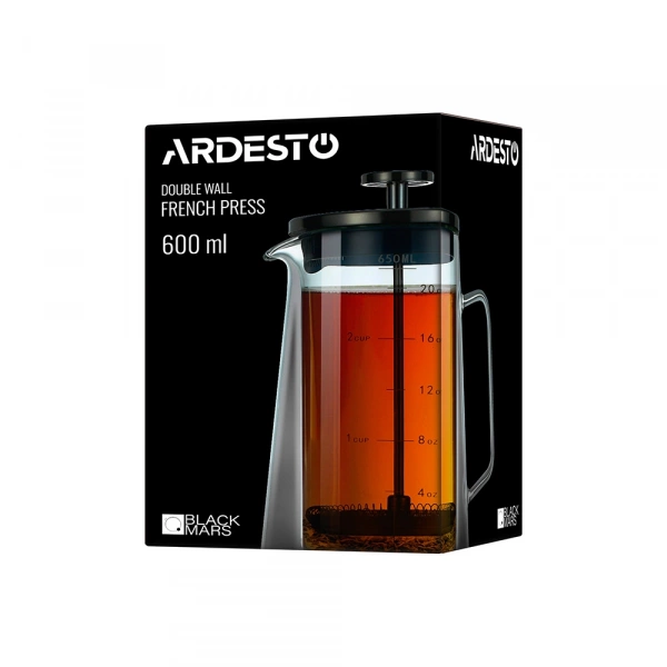 Френч-прес Ardesto Black Mars з подвійними стінками, 600мл, боросилікатне скло, нержавіюча сталь, прозорий (AR1906DW) фото 3