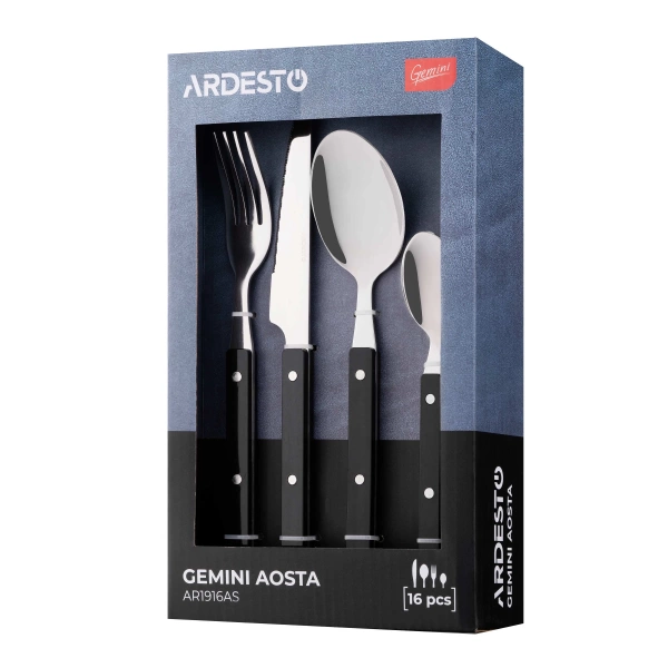 Набор столовых приборов Ardesto Gemini Aosta, 16 приборов, нержавеющая сталь, пластик, черный (AR1916AS) фото 6 Набор столовых приборов Ardesto Gemini Aosta, 16 приборов, нержавеющая сталь, пластик, черный (AR1916AS) фото 6