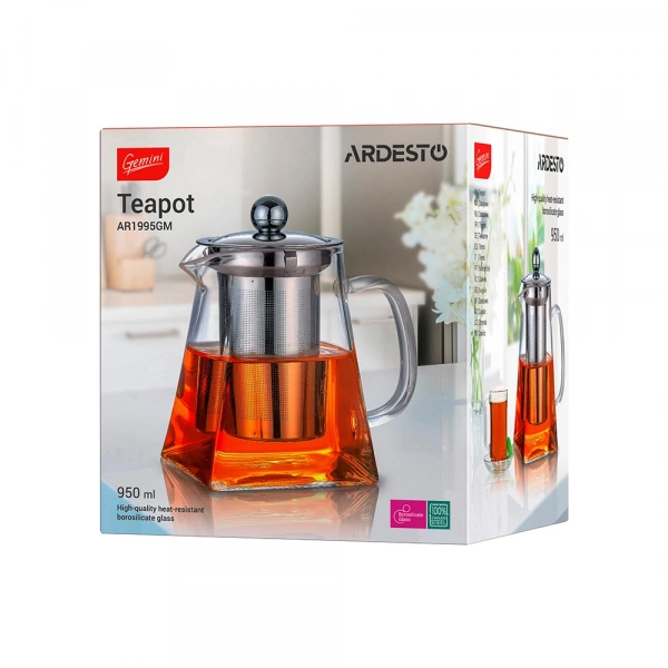 Заварник Ardesto Gemini Roma, 950мл, боросилікатне скло, нержавіюча сталь, прозорий (AR1995GM) фото 2