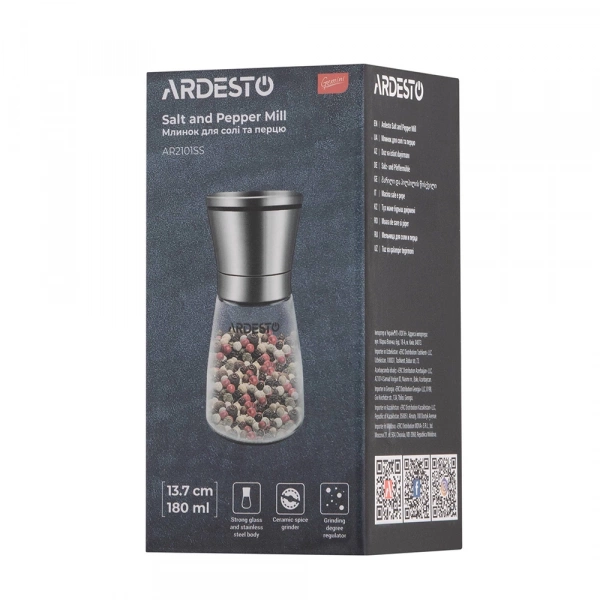 Млинок для солі та перцю Ardesto Gemini, 180мл, скло, нержавіюча сталь, прозорий (AR2101SS) фото 8