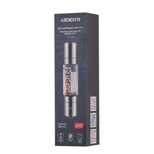 Млинок для солі та перцю 2 в 1 Ardesto Gemini, 140мл, акрил, нержавіюча сталь, прозорий (AR2102SS) фото 9