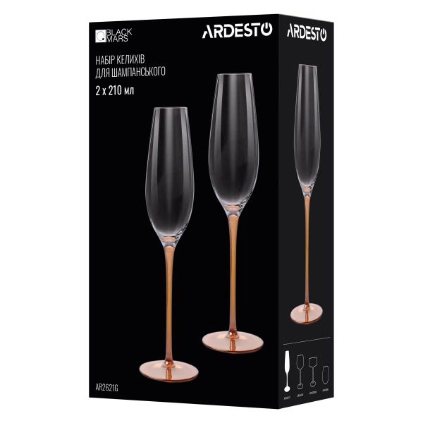 Набір келихів для шампанського Ardesto Black Mars Amber 210мл, 2шт, скло, прозоро-золотистий (AR2621G) фото 4 Набір келихів для шампанського Ardesto Black Mars Amber 210мл, 2шт, скло, прозоро-золотистий (AR2621G) фото 4
