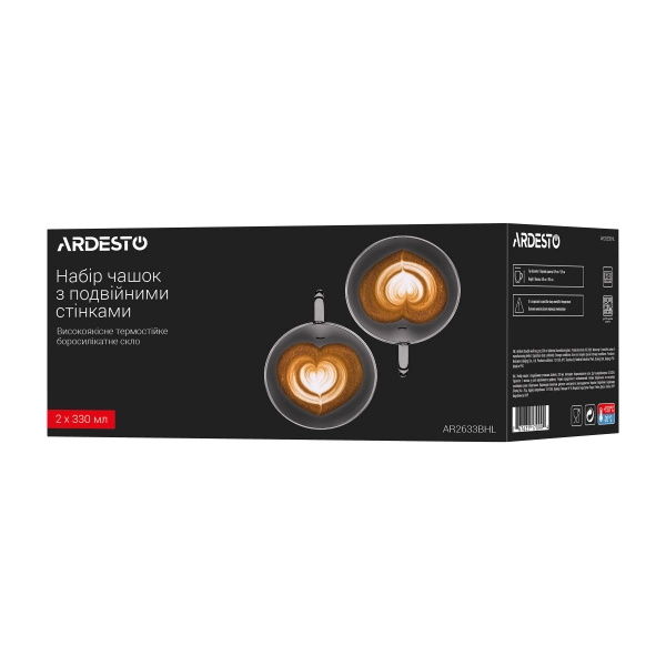 Набір чашок з ручками з подвійними стінками Ardesto, 330мл, 2шт, боросилікатне скло, прозорий (AR2633BHL) фото 5