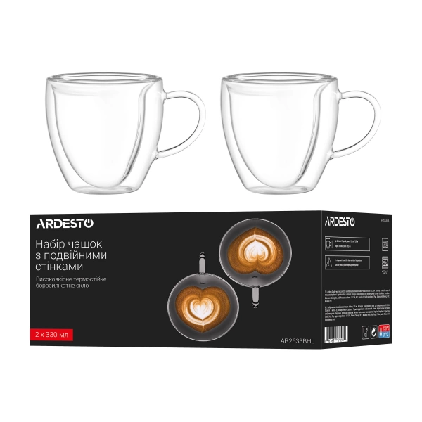 Набір чашок з ручками з подвійними стінками Ardesto, 330мл, 2шт, боросилікатне скло, прозорий (AR2633BHL) фото 6