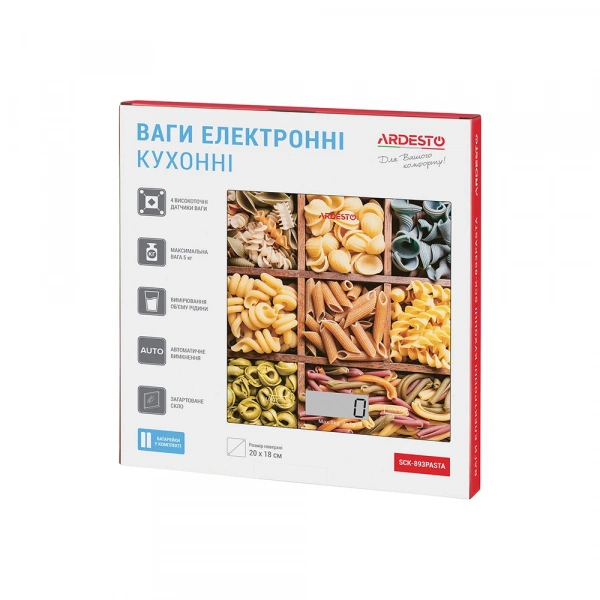 Ваги Ardesto кухонні Pasta, 5кг, AAAx2 в комплекті, скло, багатокольоровий (SCK-893PASTA) фото 4